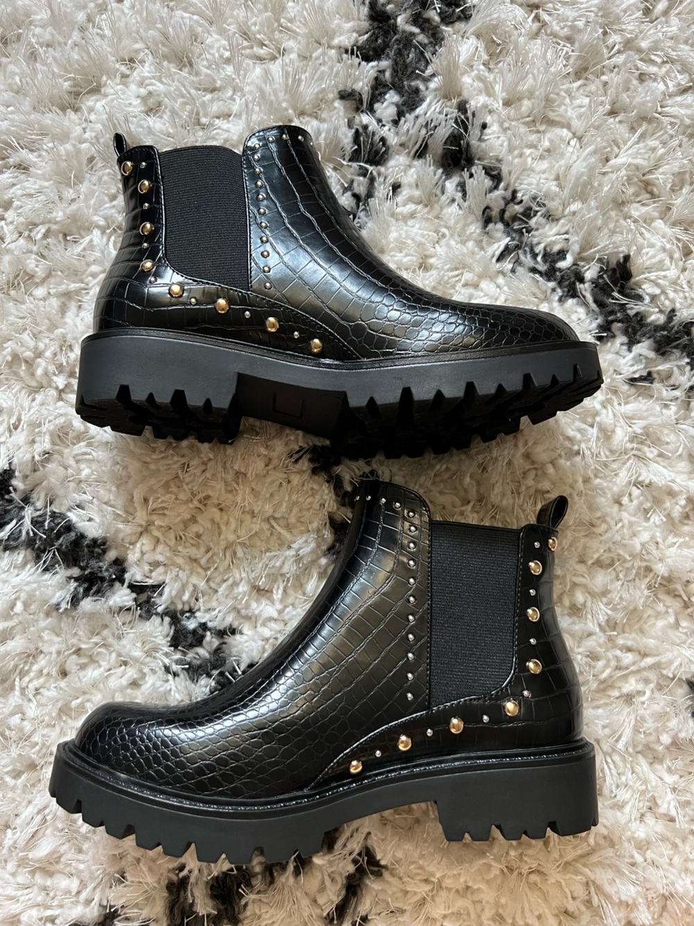 Charles by Charles David Black Croc-Embossed Studded Chelsea Booties